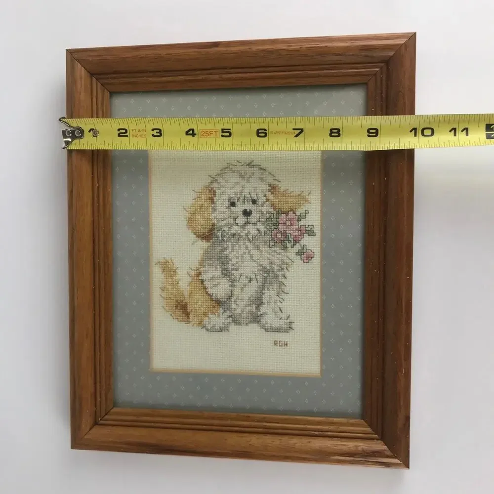Vintage Shaggy Puppy Dog Flowers Framed Cross Stitch Embroidered Folksy Wall Art